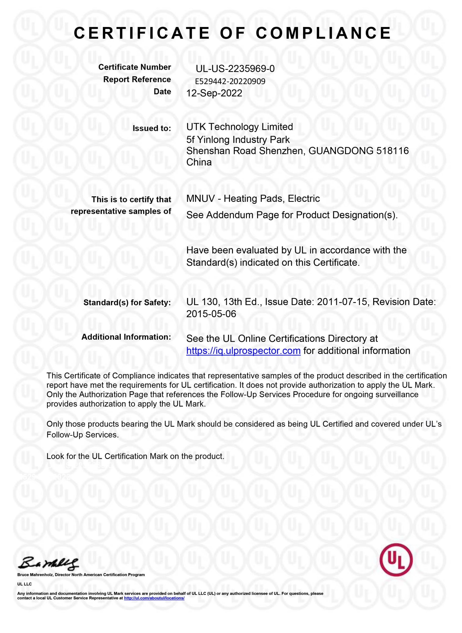 Heatmate UL Safety Certificate