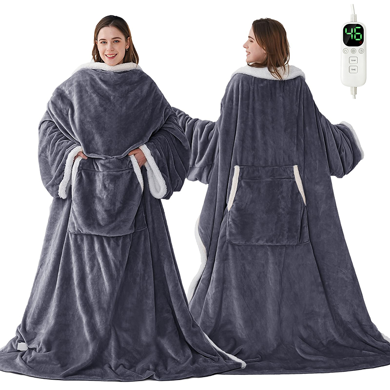 Quilted Flannel Sherpa Heating Throw with 12 Heat Settings 2 Hour Auto Shut Foot Pocket Sleeves Wearable Electric Blanket