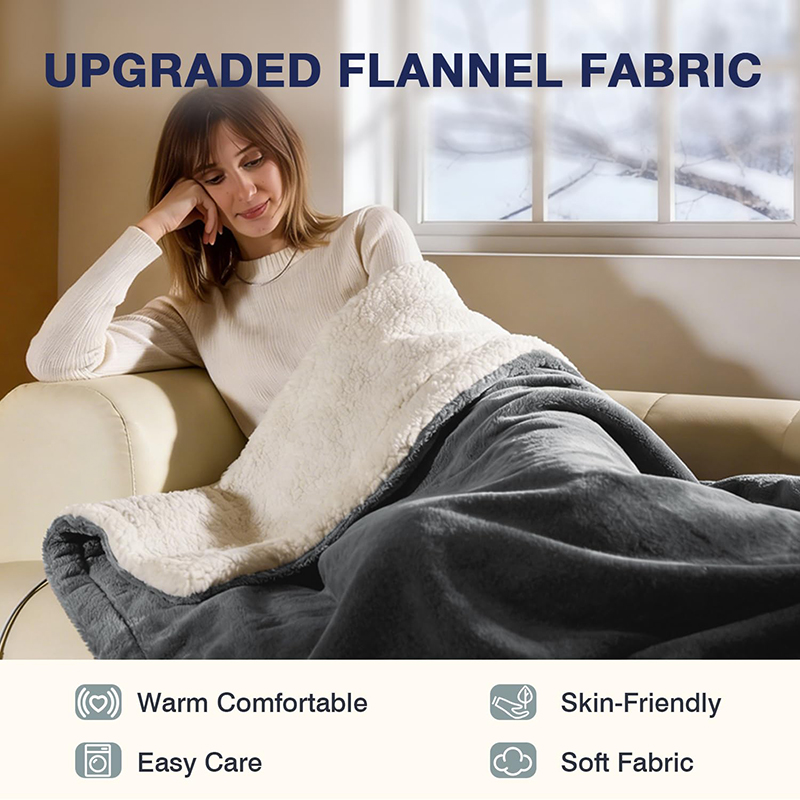Electric heated blanket used while relaxing on a sofa