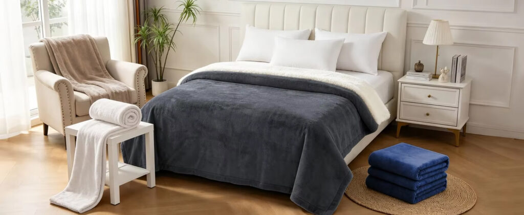 Electric heated blanket arranged on a bed