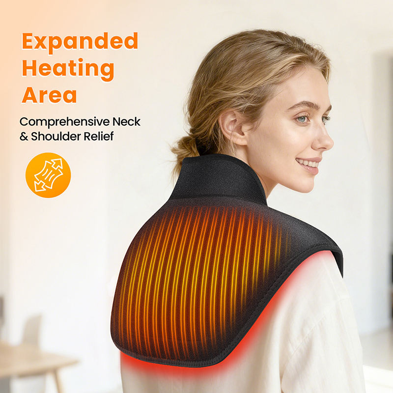 Portable heating pad positioned across the upper back