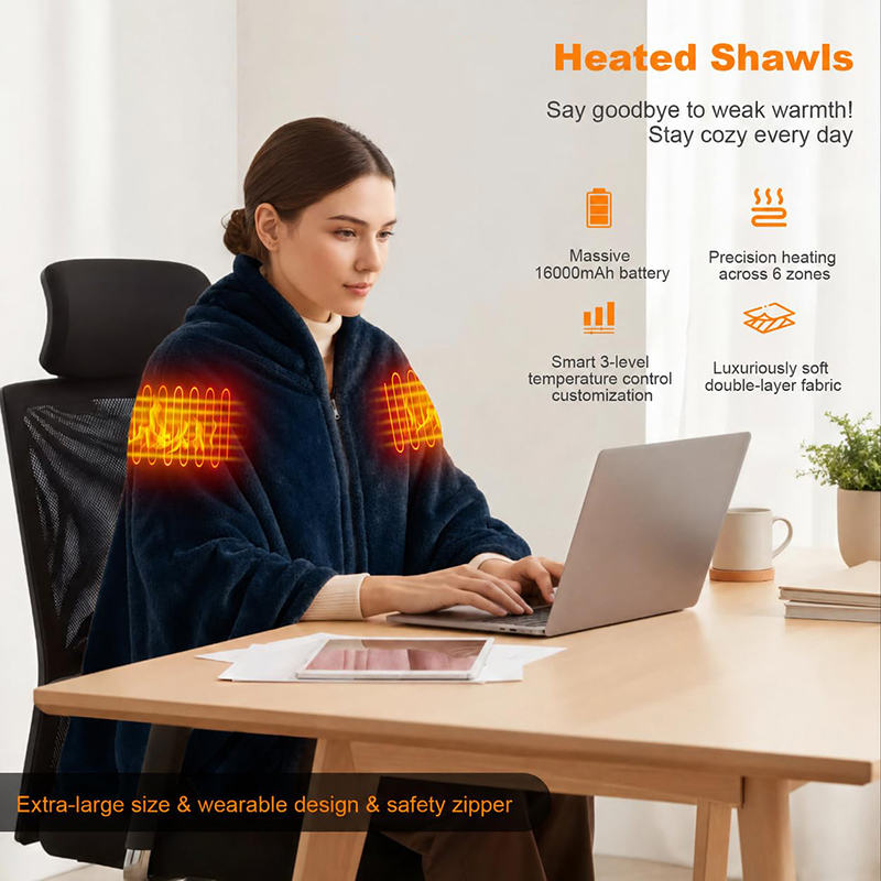 USB heated shawl worn while working at a desk