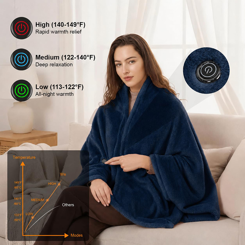 USB heated shawl worn while sitting on a sofa