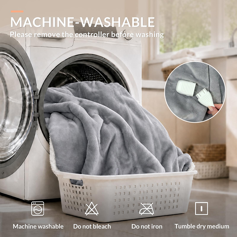 Wearable heated blanket used while relaxing on a sofa