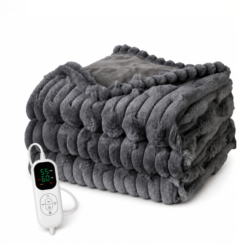 Certified Winter Comfortable Warm Striped Rabbit Fur Washable Electric Throw Heating Blanket for Home