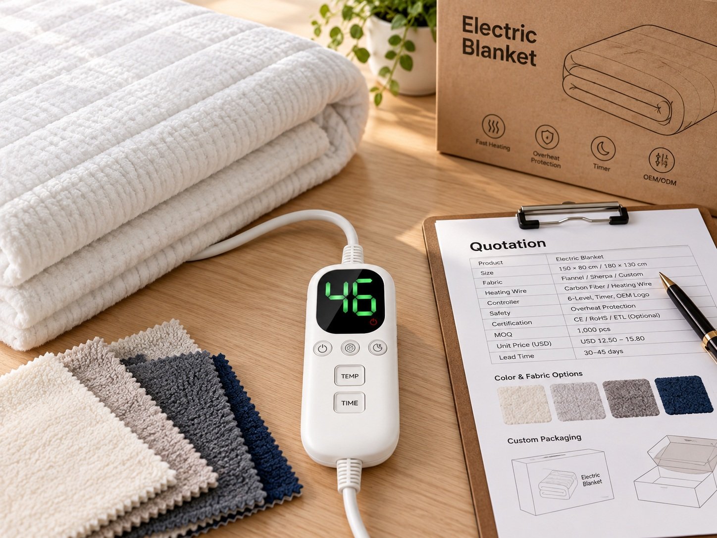 Buyer reviewing custom electric blanket quotation, packaging samples and fabric swatches