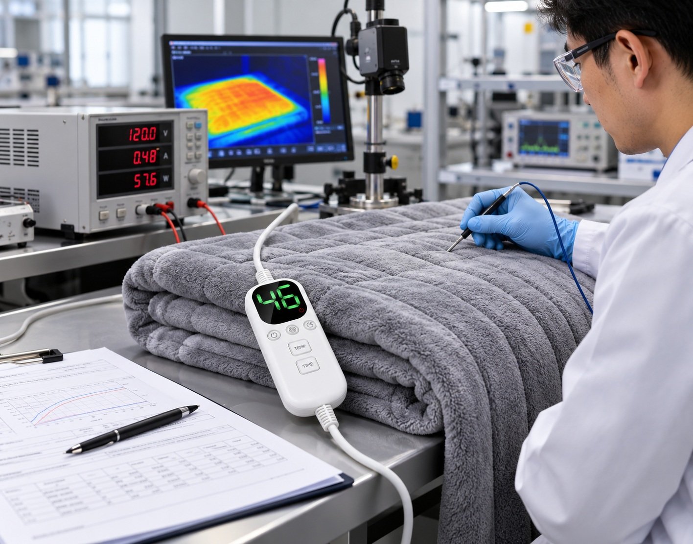 Electric blanket undergoing electrical and thermal testing in a laboratory