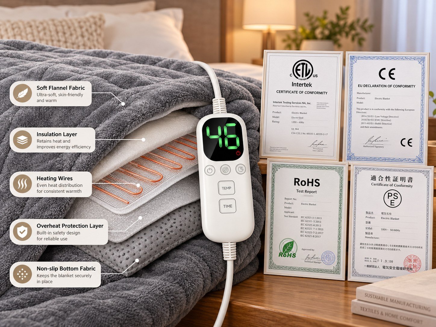 Electric Blanket Heating System and Certifications Electric blanket heating wire structure with controller and ETL CE RoHS PSE certification documents