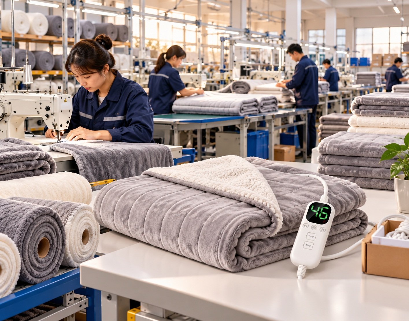 Electric Blanket Manufacturer Factory Production Electric blanket manufacturer factory with production lines and finished heated blankets