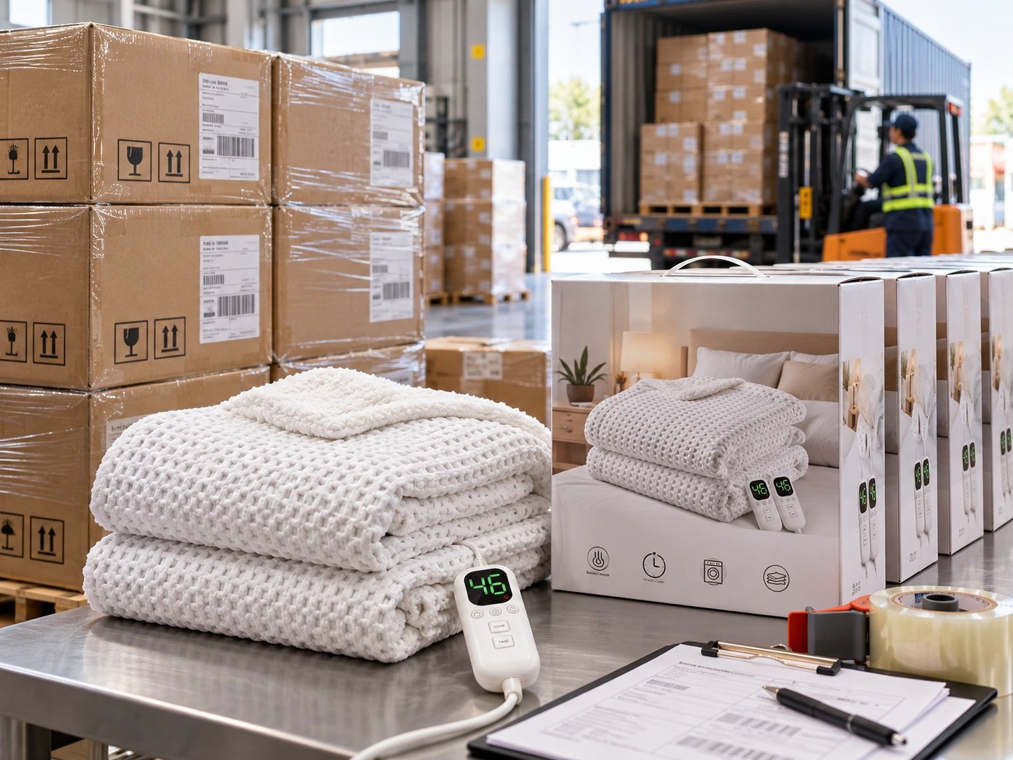Electric blanket packaging and warehouse shipment preparation with cartons and retail boxes