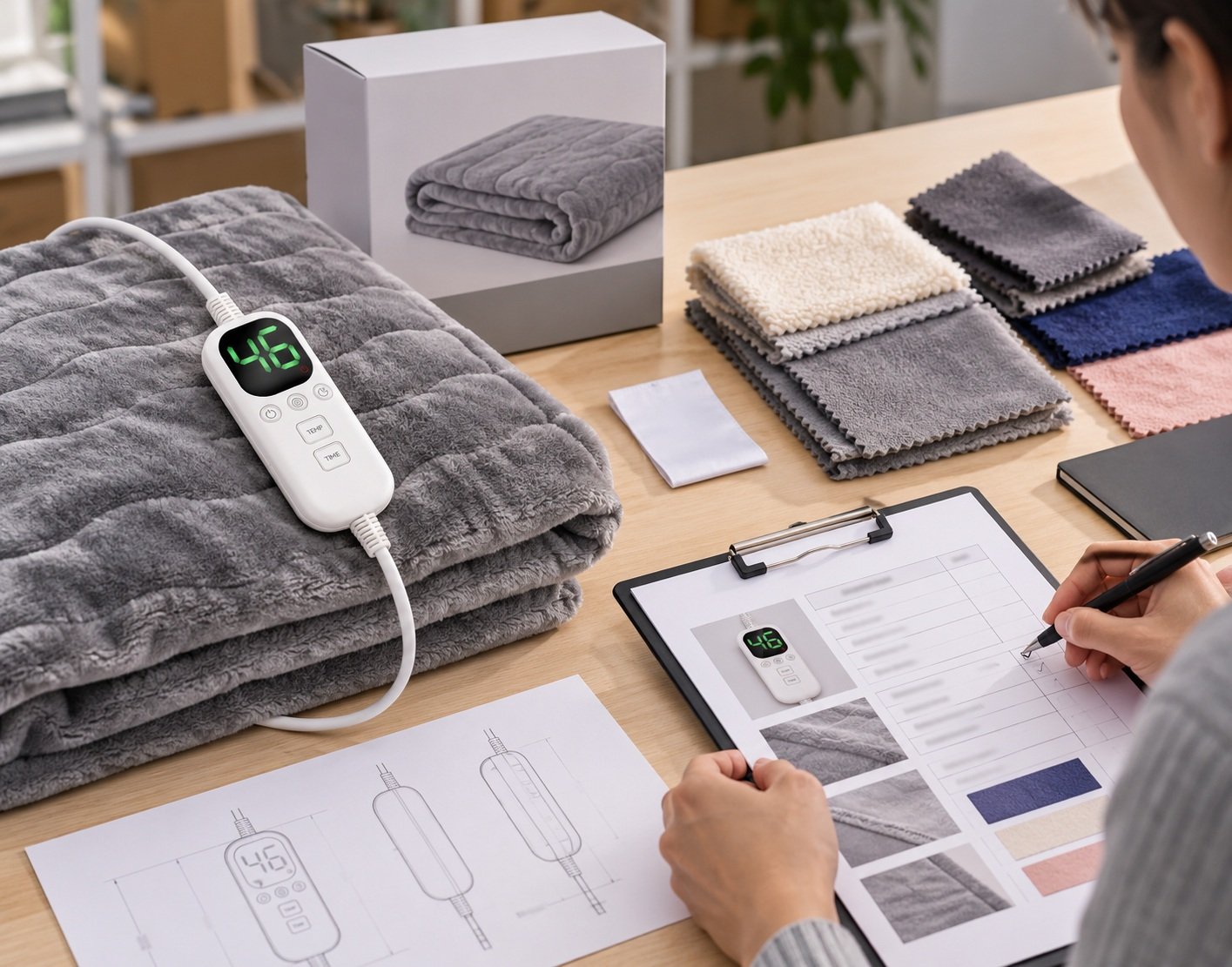 Electric Blanket Pre-Production Sample Evaluation Electric blanket sample evaluation with fabric swatches product drawings and controller