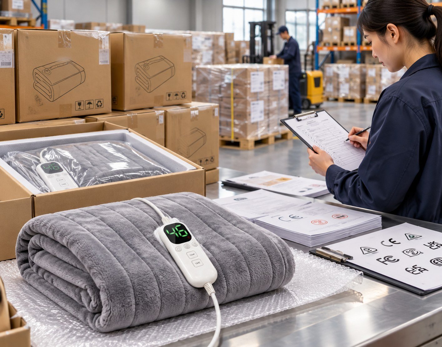 Electric blanket warehouse quality inspection and compliance document review before shipment