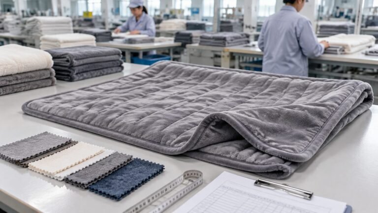 Gray plush electric blanket laid flat on a textile inspection table with fabric swatches and a production checklist
