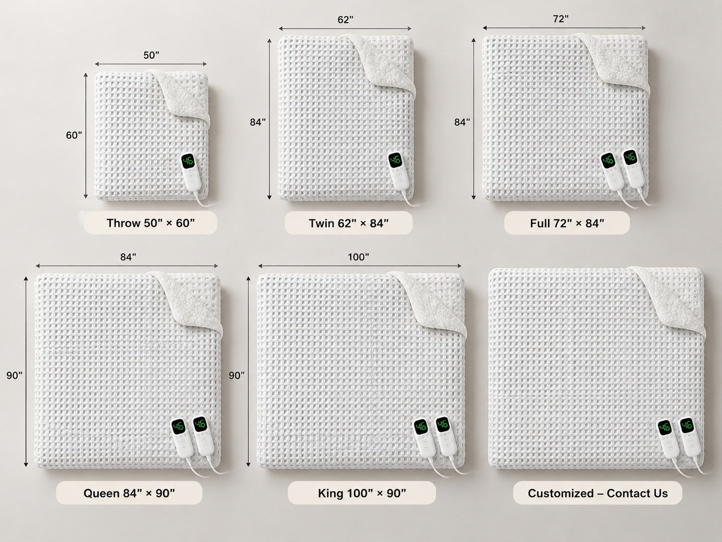 Electric blanket size comparison for Throw Twin Full Queen King and customized sizes