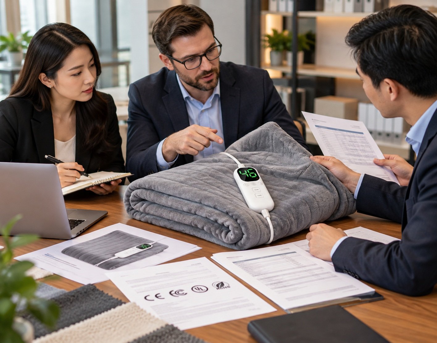 B2B buyers reviewing electric blanket samples, specifications and compliance documents with a supplier