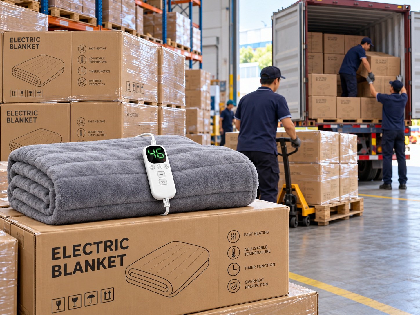 Electric Blanket Warehouse and Shipping Preparation Electric blanket cartons prepared for warehouse loading and container shipment