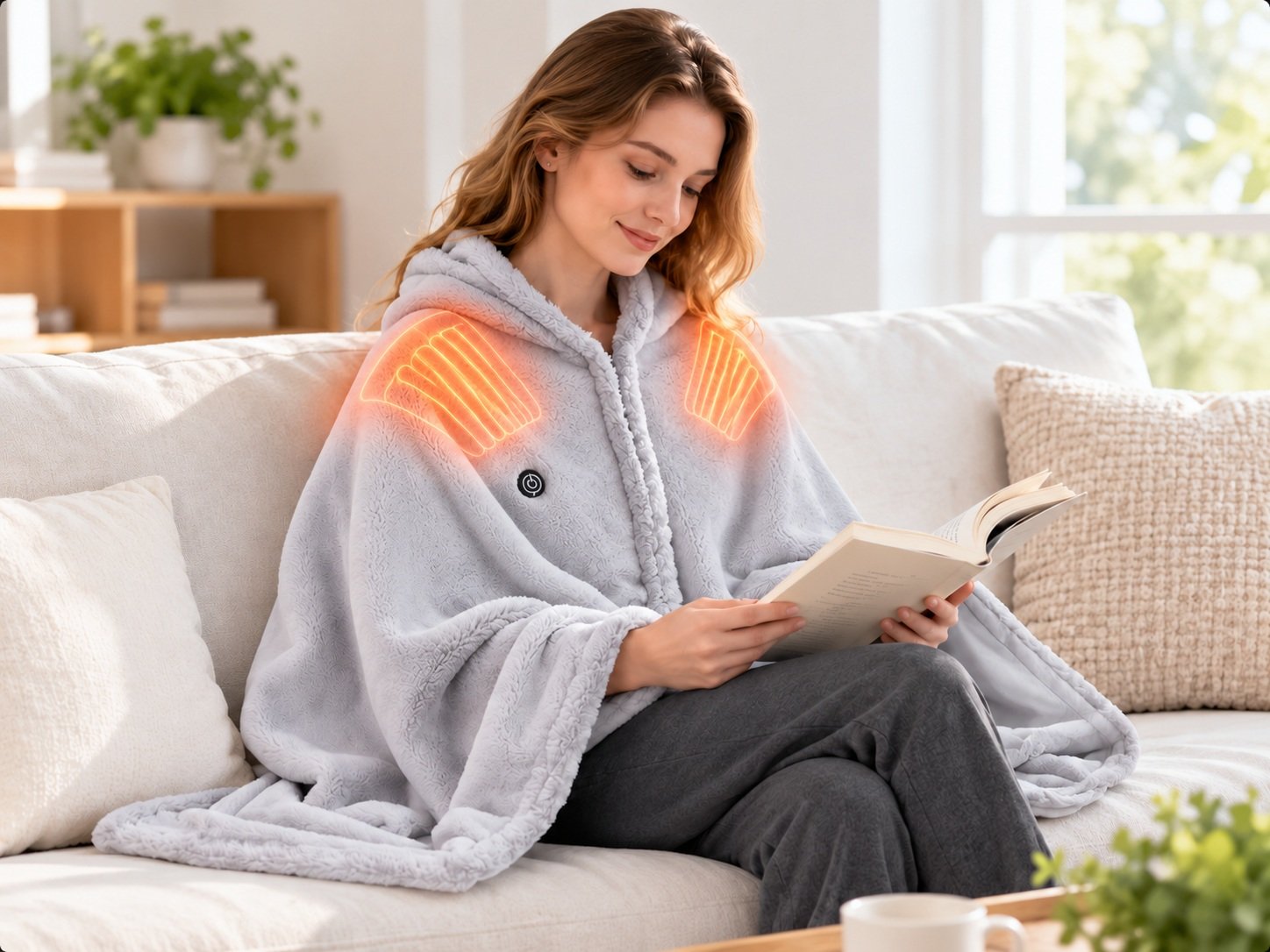 Woman wearing a gray USB heated shawl with shoulder heating zones highlighted