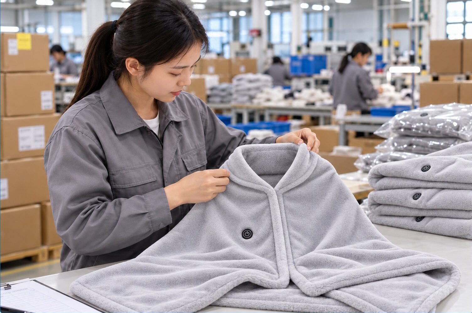 Factory worker inspecting a gray flannel USB heated shawl before shipment