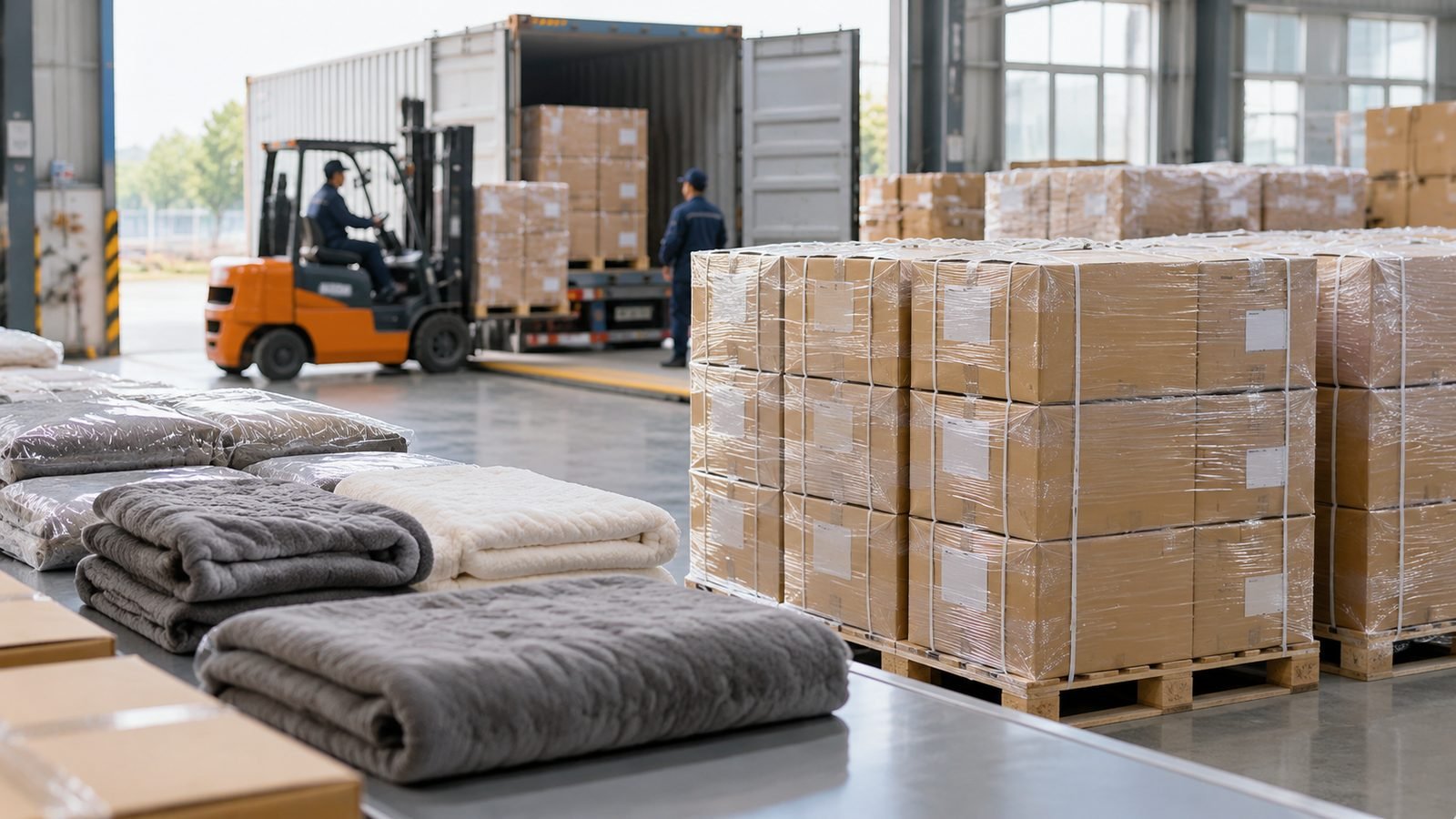 Palletized cartons and folded blankets prepared for loading into a shipping container at a textile warehouse
