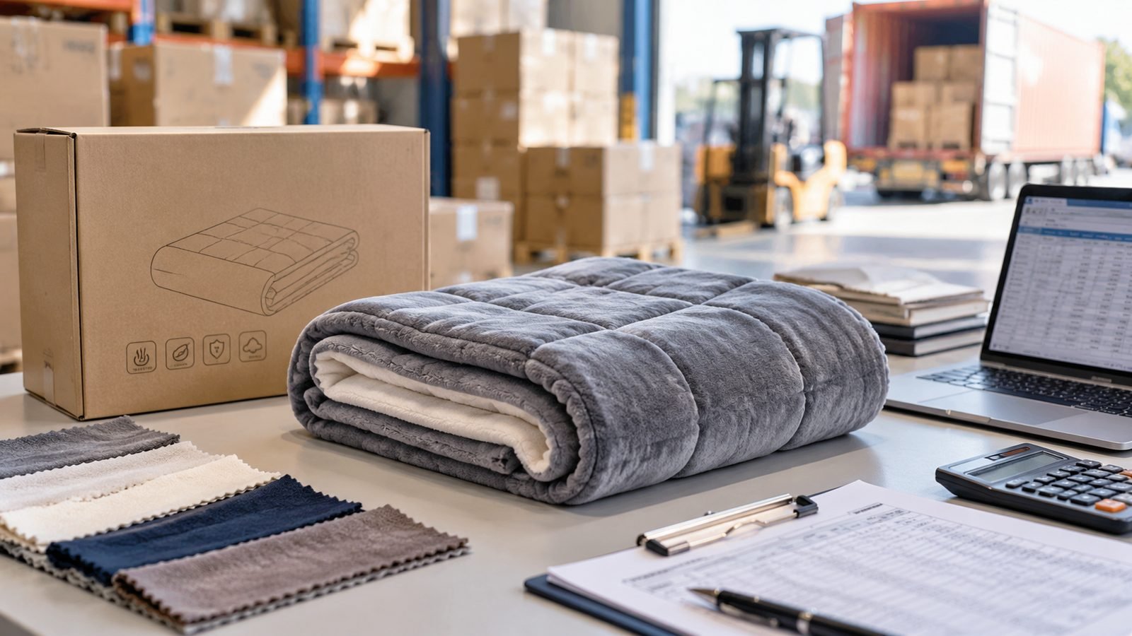 Folded grey electric blanket, fabric swatches, carton sample, calculator and shipping paperwork arranged on a warehouse planning table