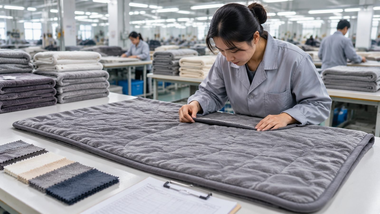Quality inspector checking the seam and surface of a grey quilted electric blanket on a factory inspection table
