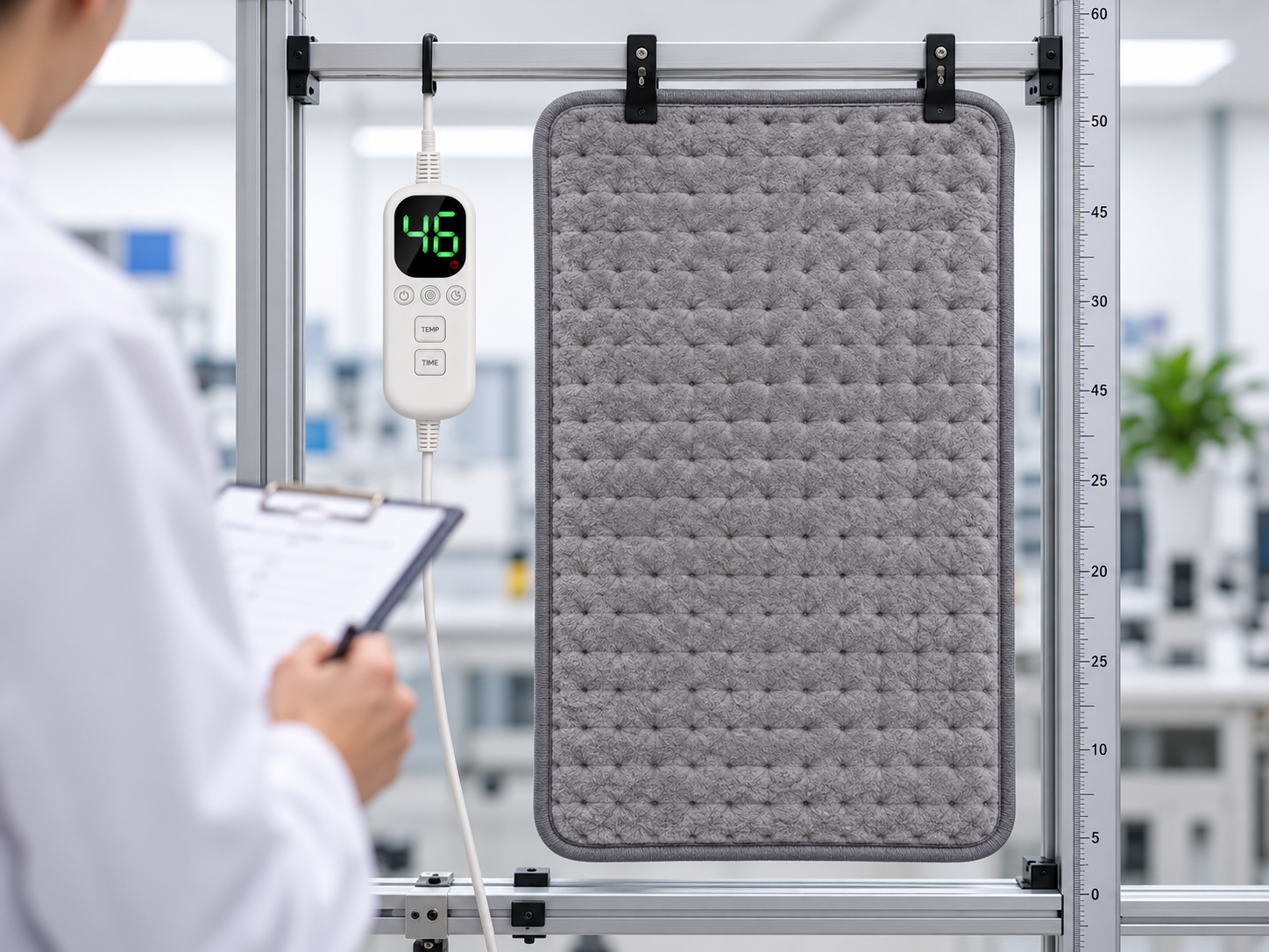 Electric heating pad undergoing factory temperature and electrical quality inspection
