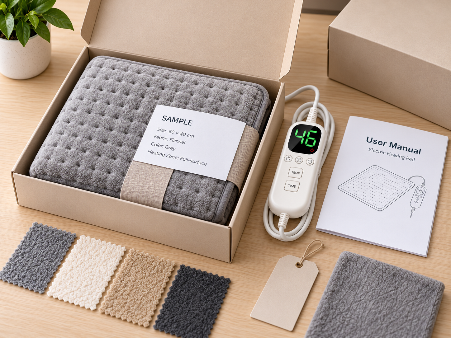 Electric heating pad OEM sample packaging with controller, manual and fabric options