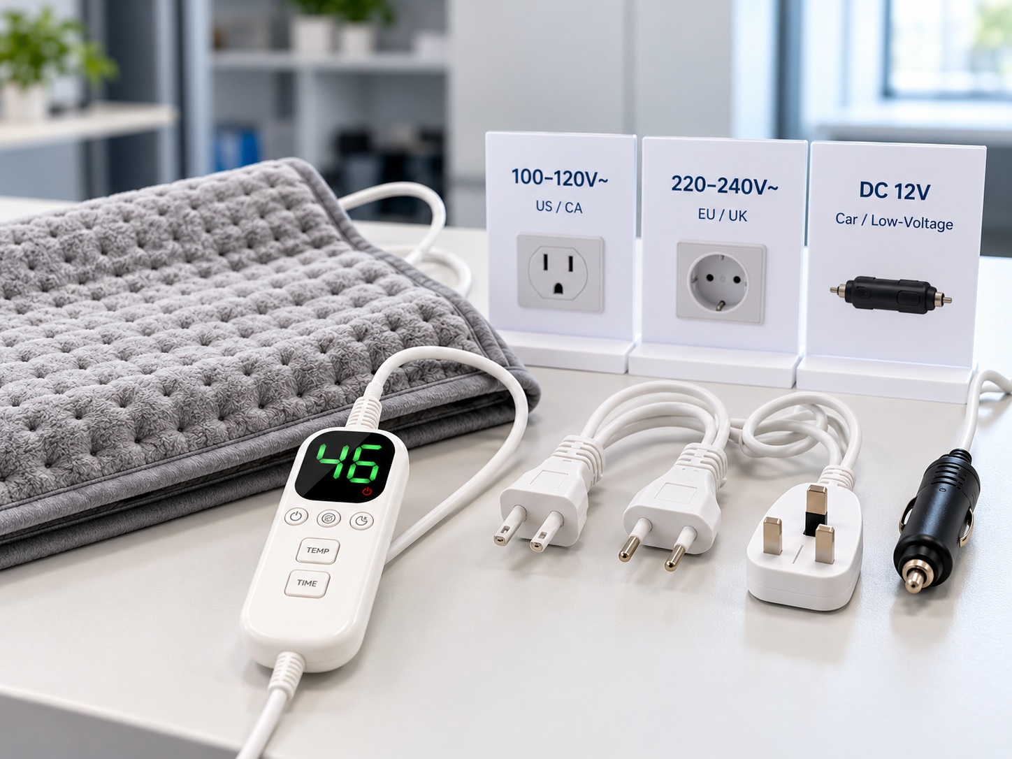 Electric heating pad with digital controller and regional power options for bulk sourcing