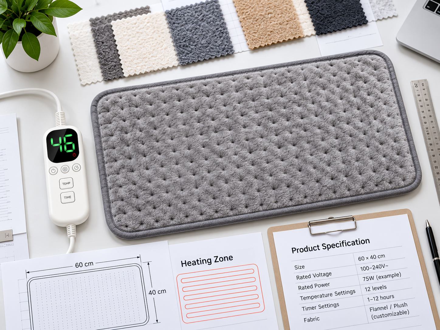 Electric heating pad product specification review with dimensions, heating zone and controller details