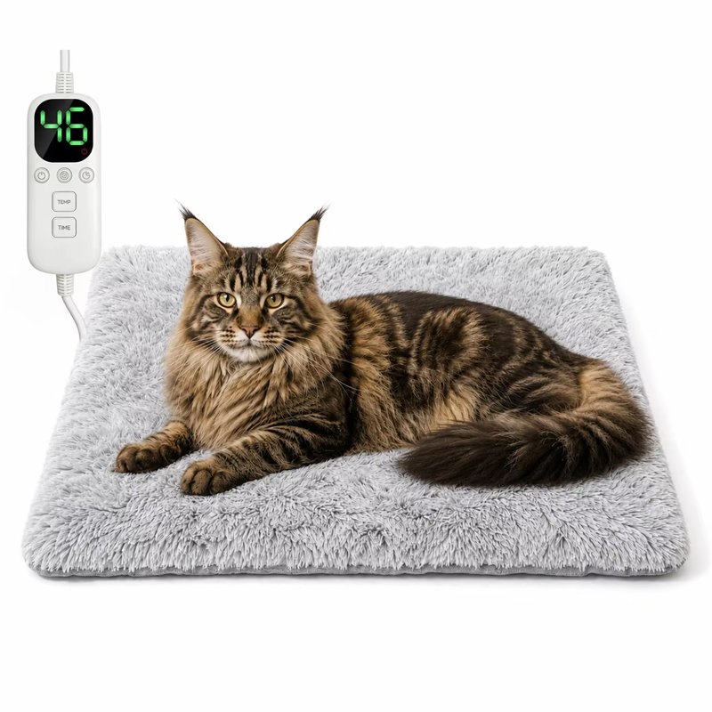 Cat resting on a HEATMATE pet heating pad with a digital controller