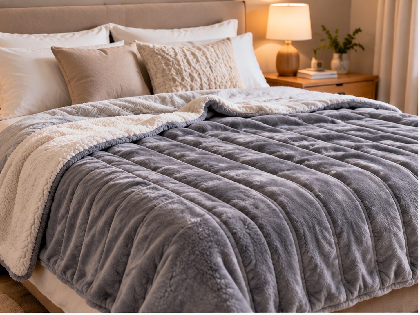 Household electric heated blanket in a bedroom showing broader home-comfort coverage