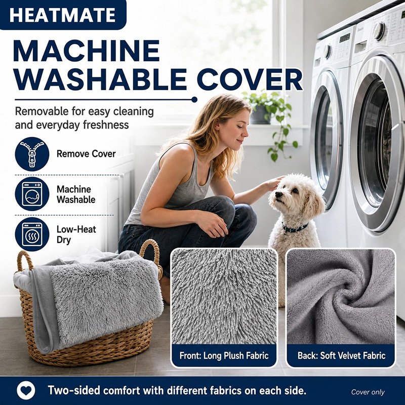 Machine-washable plush pet heating pad cover with removable cover and fabric details