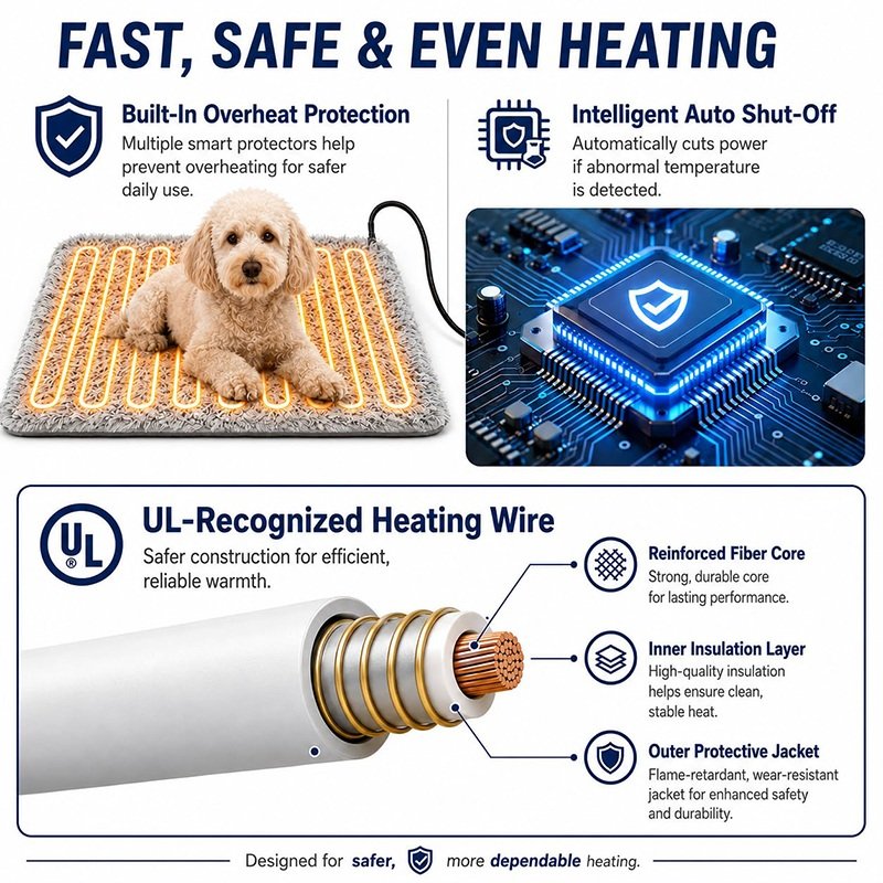 Pet heating pad safety graphic showing overheat protection, automatic shut-off and heating-wire construction