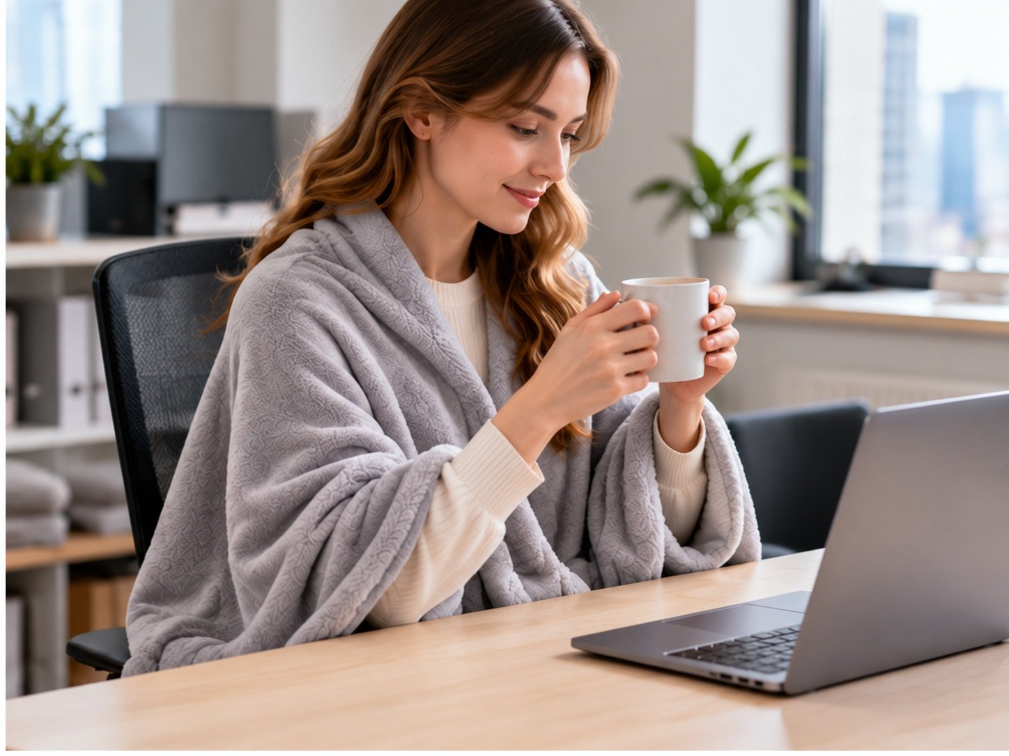 Woman using a portable USB heated blanket in an office setting